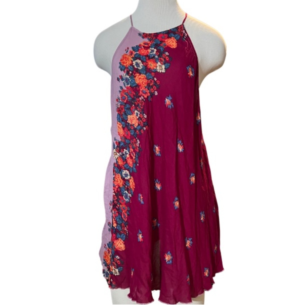 Free People Magenta Floral Slip Dress halter mini tunic  XS C-3